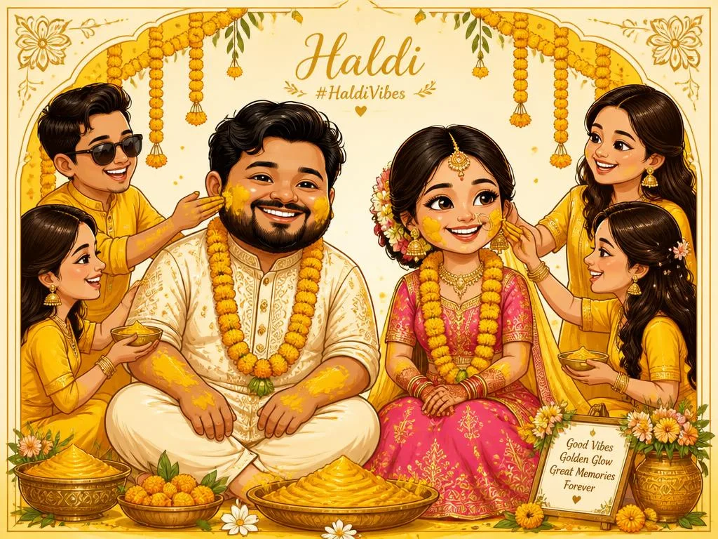 Caricature of Animesh and Vaishnavi for the Haldi ceremony