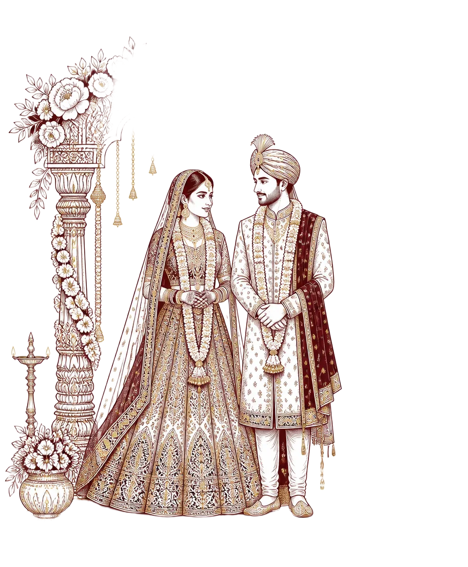 Illustration of the bride and groom under a mandap